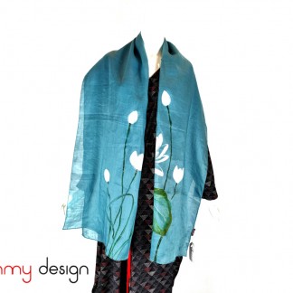 Blue ramie scarf hand-painted with lotus 